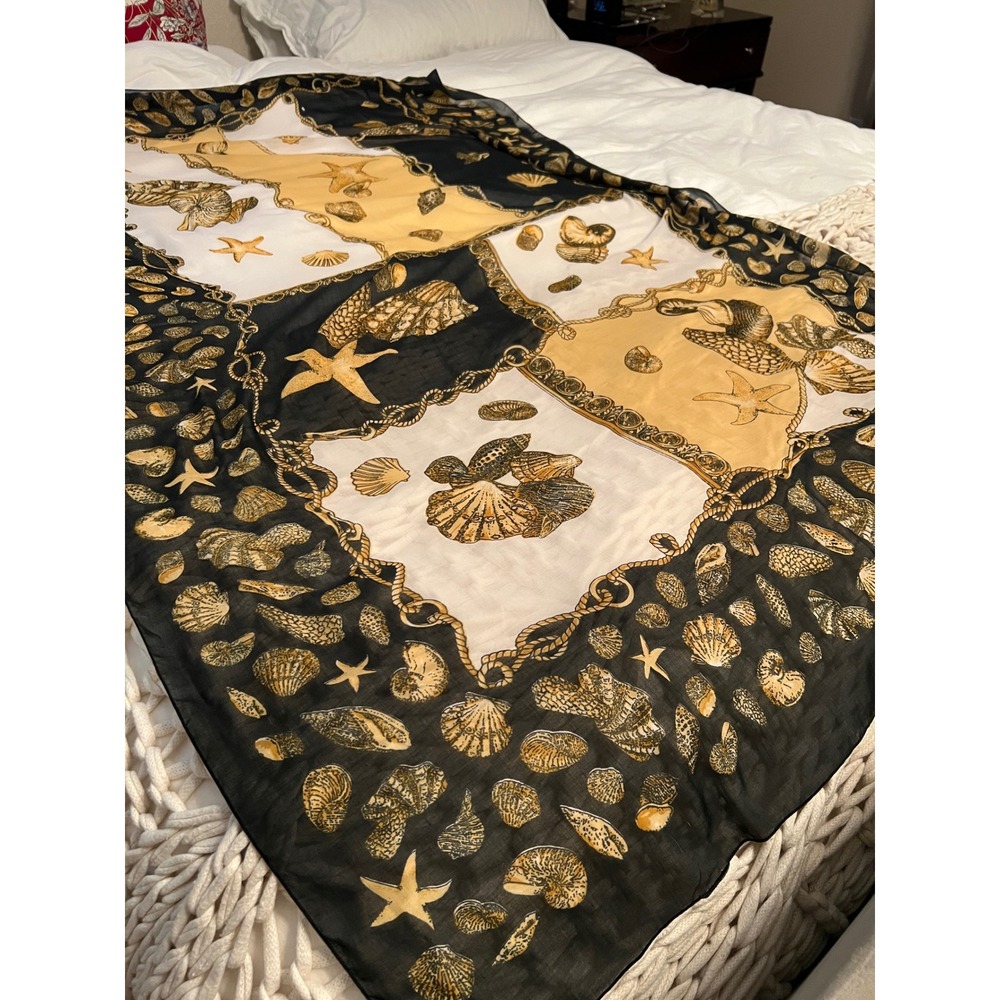 Nautical Seashell Hermes  Print Scarf 100% Silk  Wrap Black Gold White 69x43